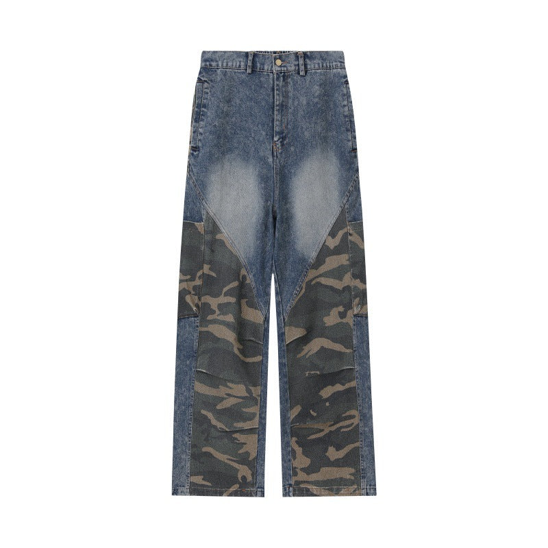 Women Wide High-Waist Denim Cargo Pants with Camouflage Inserts Mune Fashion