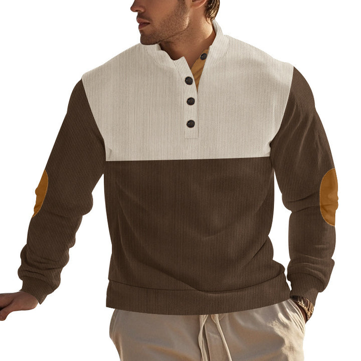 Men's ribbed knit sweater with standing collar, button placket, and leather elbow patches Mune Fashion
