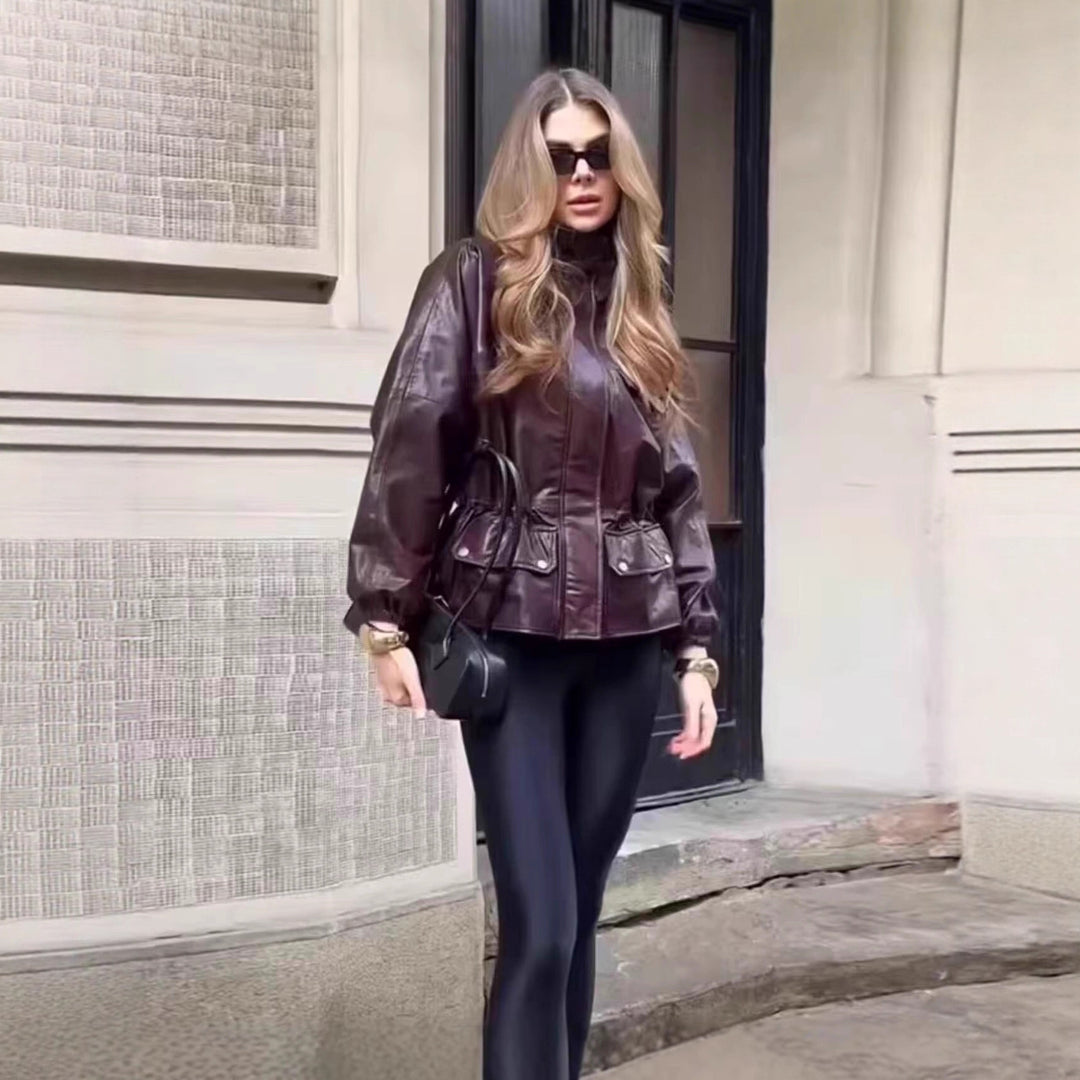 Women Faux Leather Parka with Stand Collar, Waist Drawstring, and Placket Pockets Mune Fashion