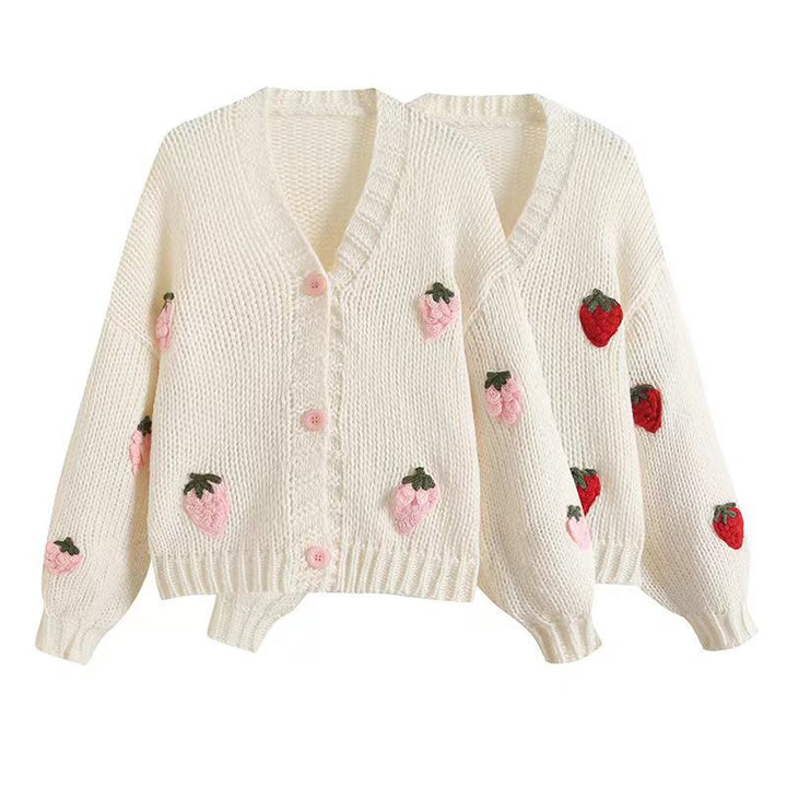 Women's short cardigan with strawberry appliqués and chunky knit Mune Fashion