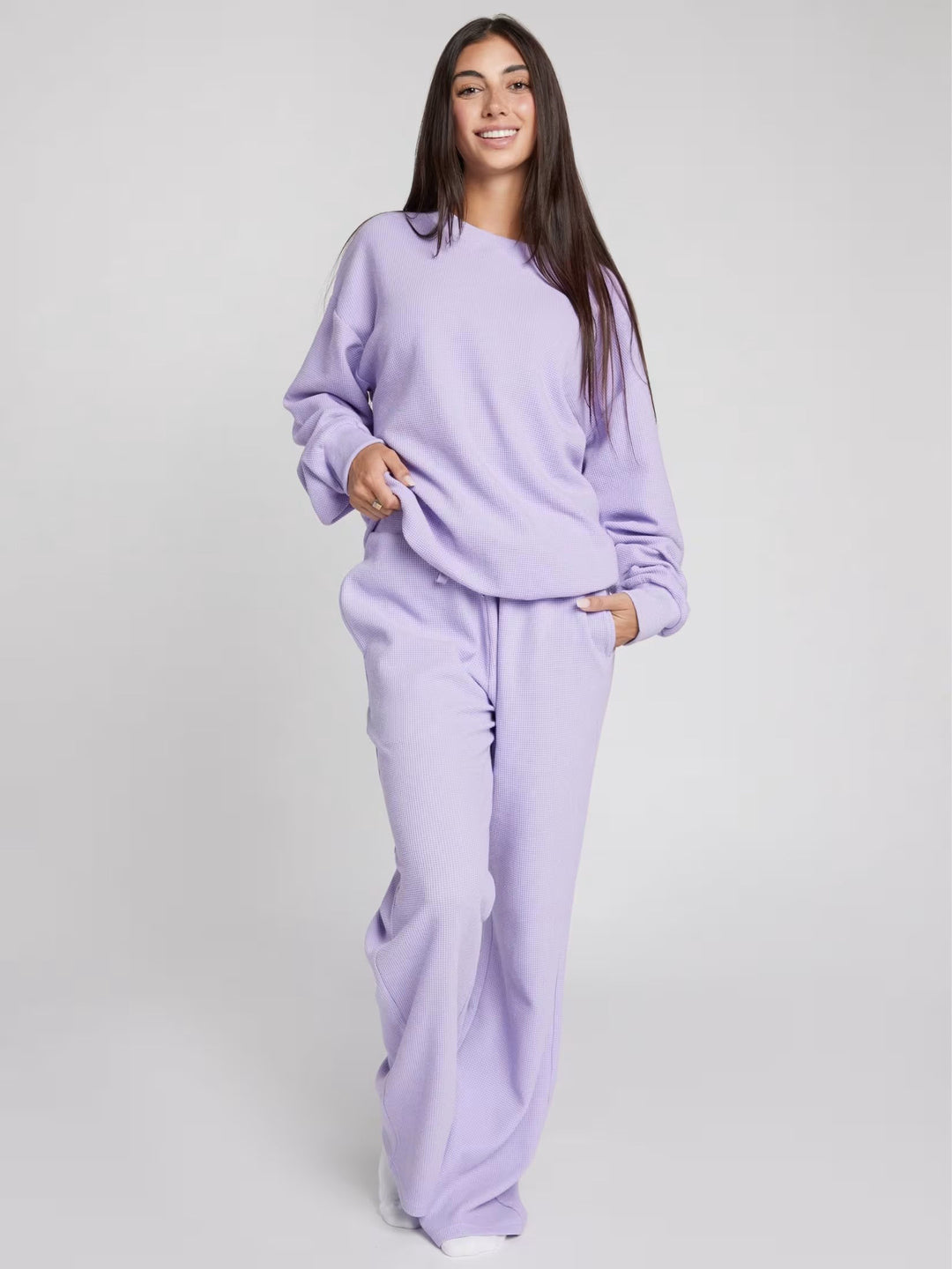 Ladies Waffle Knit Loungewear Set with Oversized Sweater and Drawstring Jogging Pants Mune Fashion