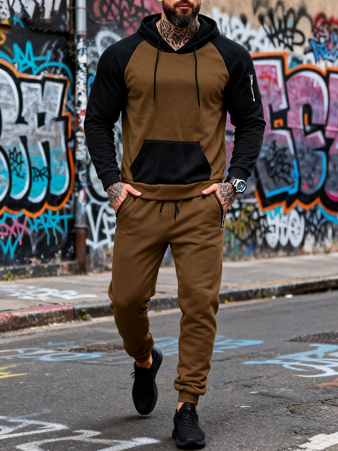 Men's two-piece hooded sweat set with raglan sleeves, sleeve zip pocket, and tapered jogging pants Mune Fashion