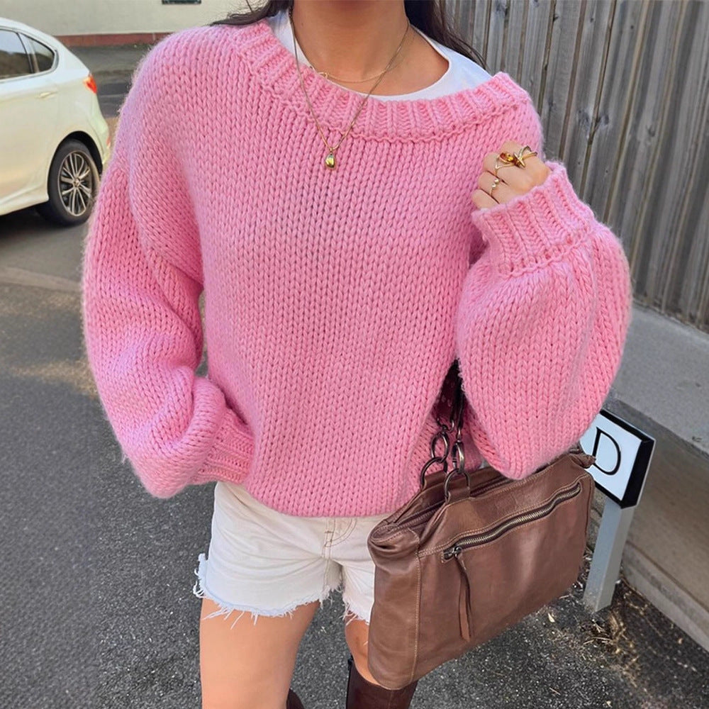 Women Oversize Chunky Knit Sweater with Balloon Sleeves and Wide Ribbed Collar Mune Fashion