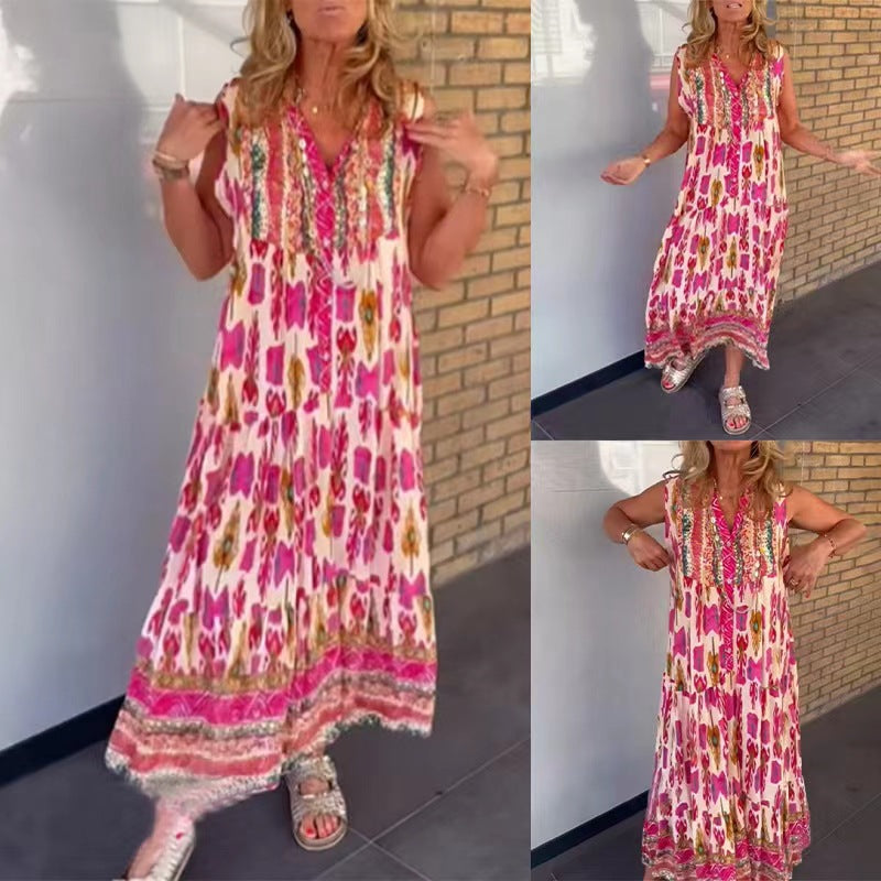 Ladies' flowing maxi dress in boho style with V-neck, tiered skirt and embroidered yoke Mune Fashion