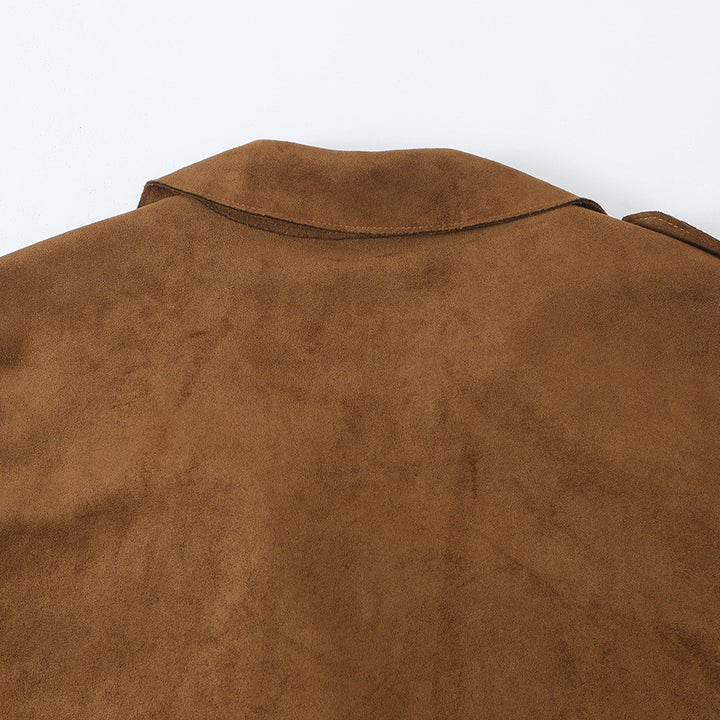 Women's Tailored Short Trench in Suede Look with Double-Breasted Button Placket and Epaulettes Mune Fashion