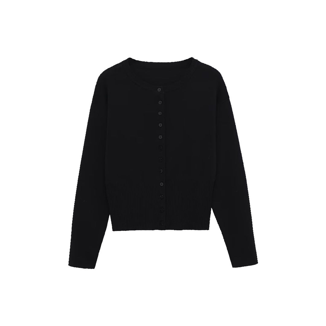 Women's Short Fine Knit Cardigan with Tailored Ribbed Waistband and Continuous Button Placket Mune Fashion