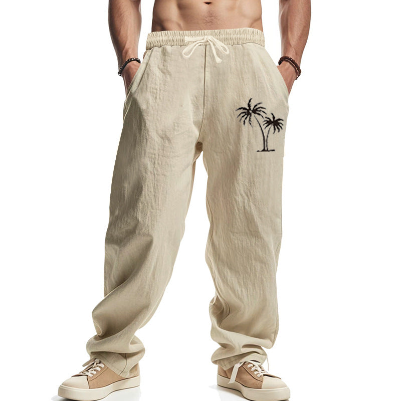 Men's Lightweight Linen-Look Casual Pants with Elastic Waistband, Drawstring & Palm Embroidery Mune Fashion