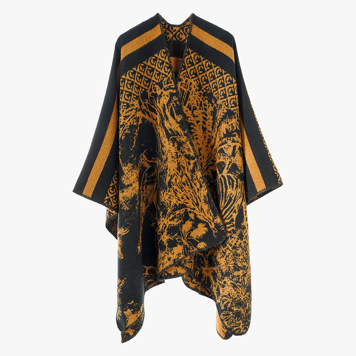 Women's Luxurious Jacquard Pattern Poncho with Asymmetrical Pointed Hem