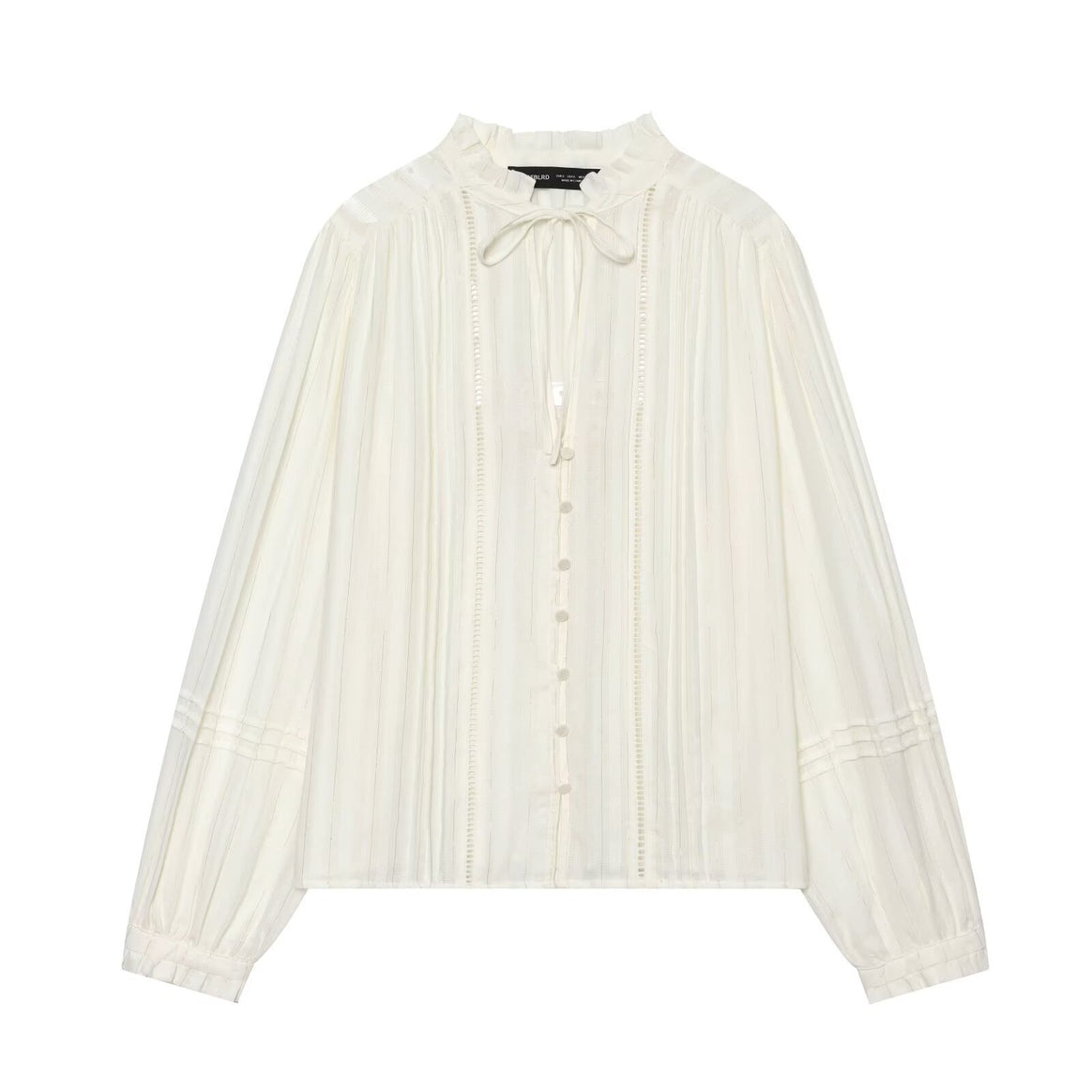 Women's Pleated Blouse with Ruffled Collar, Button Placket and Ribbon Mune Fashion