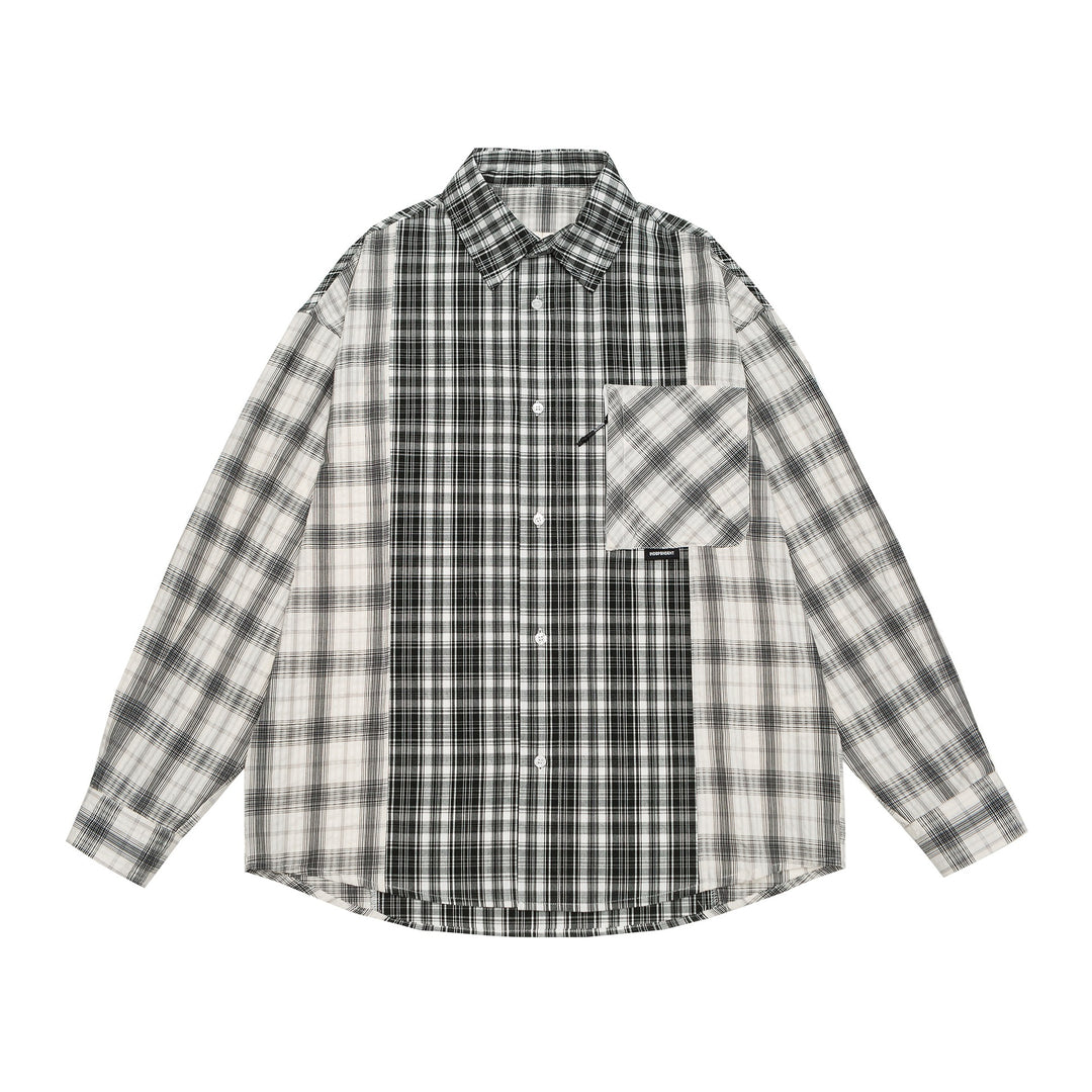 Unisex Oversized Shirt Jacket with Patchwork Check Pattern and Rounded Hem Mune Fashion