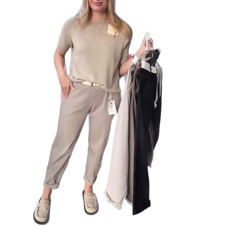 Women's casual cotton chinos with elastic comfort waistband, cuffs, and decorative belt Mune Fashion