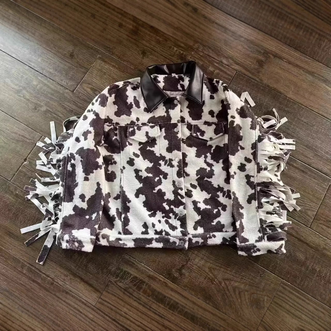 Women’s teddy trucker jacket with cow spot pattern and faux leather collar Mune Fashion