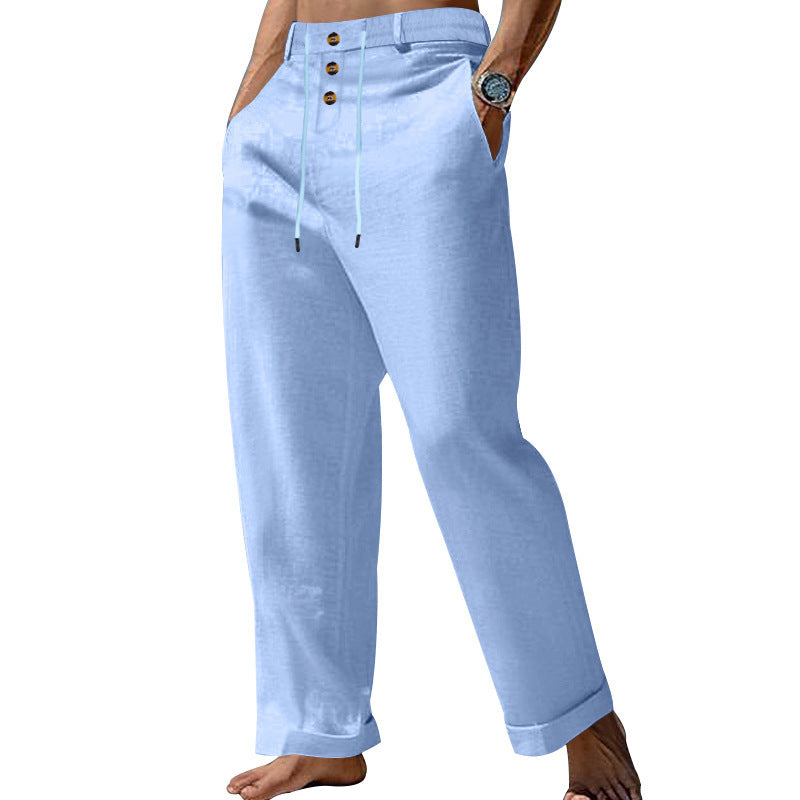 Men's wide summer pants made of linen-cotton blend with triple-button placket, drawstring waistband, and cuffed hem Mune Fashion