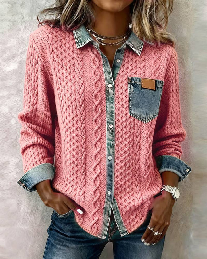 Women’s knit cardigan with denim-look collar, decorative button placket and chest pocket Mune Fashion