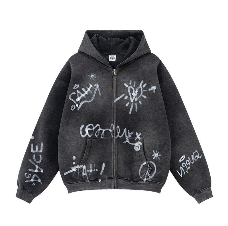Unisex oversized hoodie jacket with full-length zipper, brushed fleece lining, and hand-like spray print Mune Fashion