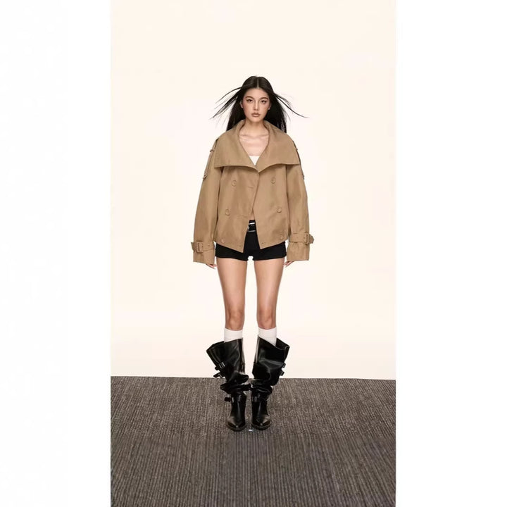 Women Oversized Double-Breasted Trench Bomber Jacket with High Stand-Up Collar Mune Fashion