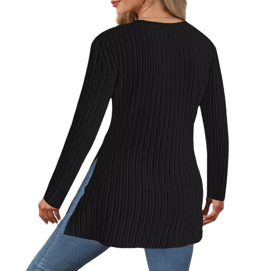 Women's Fitted Rib Knit Tunic with Wrap V-Neck and Side Slits Mune Fashion