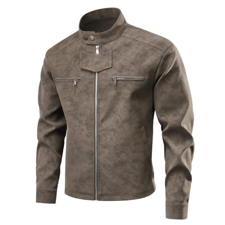 Men's suede leather look biker jacket with stand-up collar, chest zipper pockets & concealed snap button placket Mune Fashion