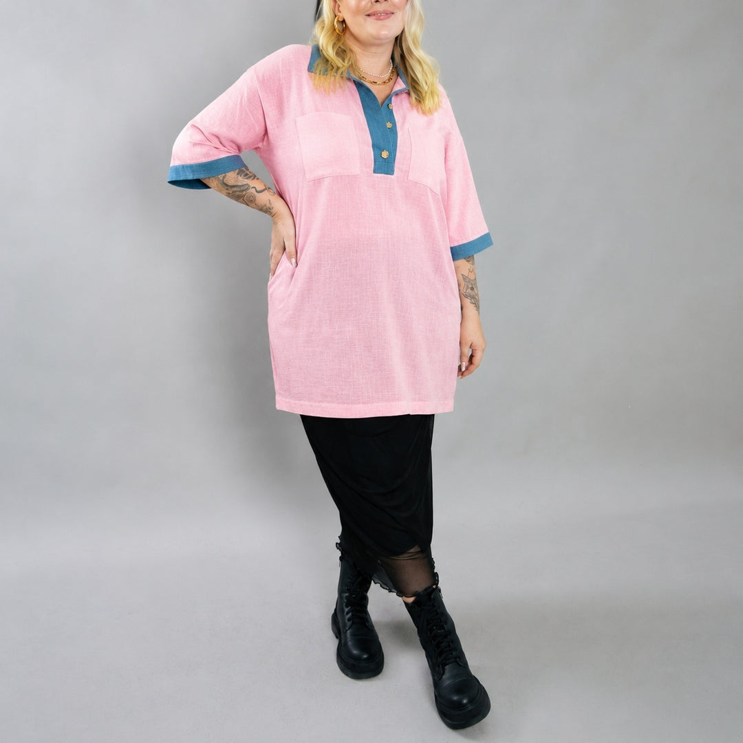 Women's oversized polo tunic with contrast collar and patch breast pockets Mune Fashion