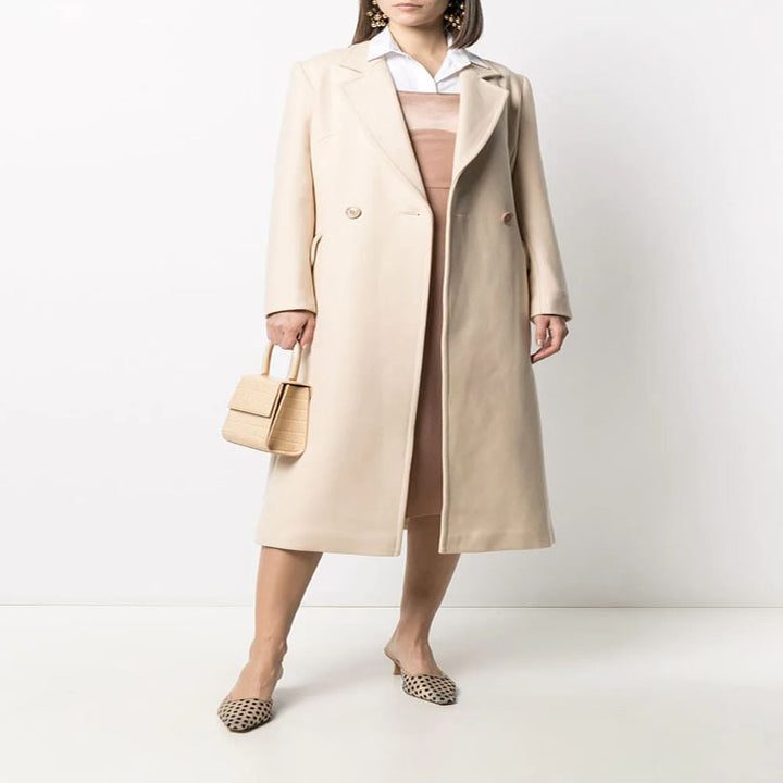 Women's Midi-Length Tailoring Coat Made of Wool Blend with Narrow Lapel and Flattering Fall Mune Fashion