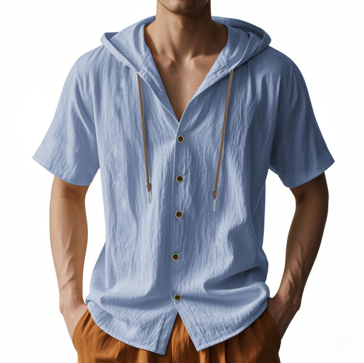 Men's breathable short sleeve hoodie made of linen blend with wooden button placket and drawstring Mune Fashion