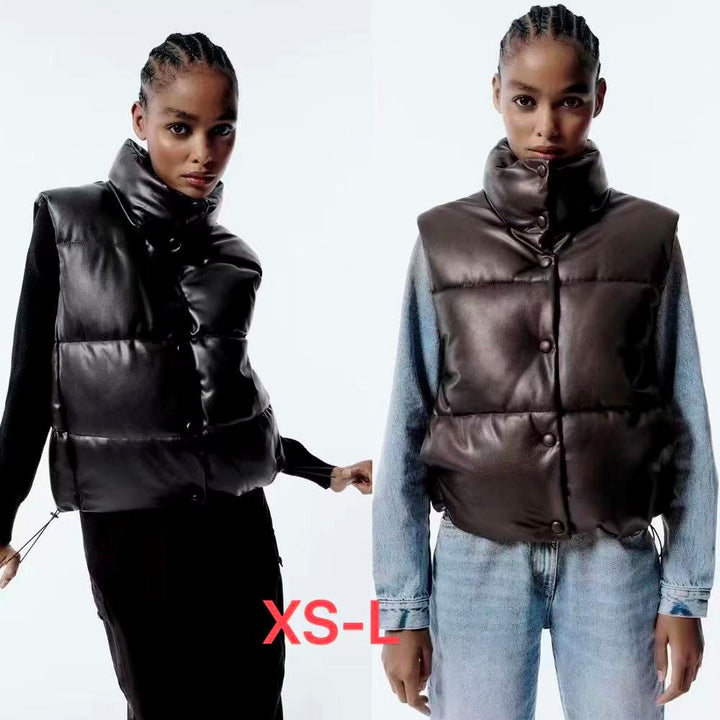 Ladies nan padded faux leather vest with high stand-up collar, snap button placket and waist drawstring Mune Fashion