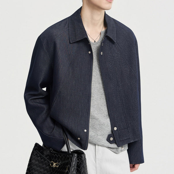 Men's Boxy Denim Jacket in Minimal Style with Shirt Collar and Concealed Snap Placket Mune Fashion