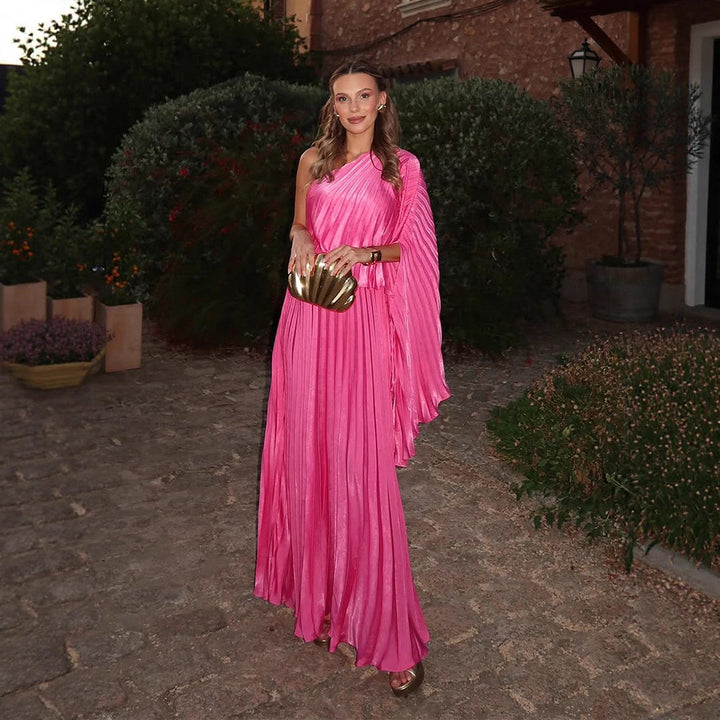 Women One-Shoulder Pleated Maxi Dress with Draped Top and Flowing Ruffle Skirt Mune Fashion