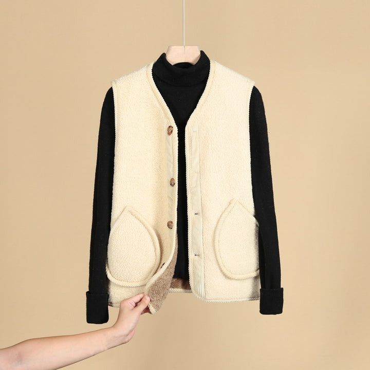 Women's Sleeveless Thermofleece Vest with Button Placket and Round Pockets Mune Fashion