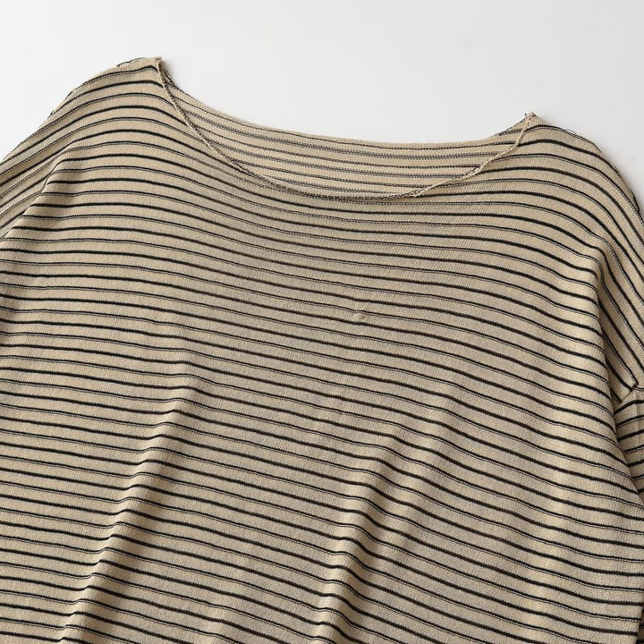Women’s Oversized Striped Fine Knit Sweater with Wide Boat Neck