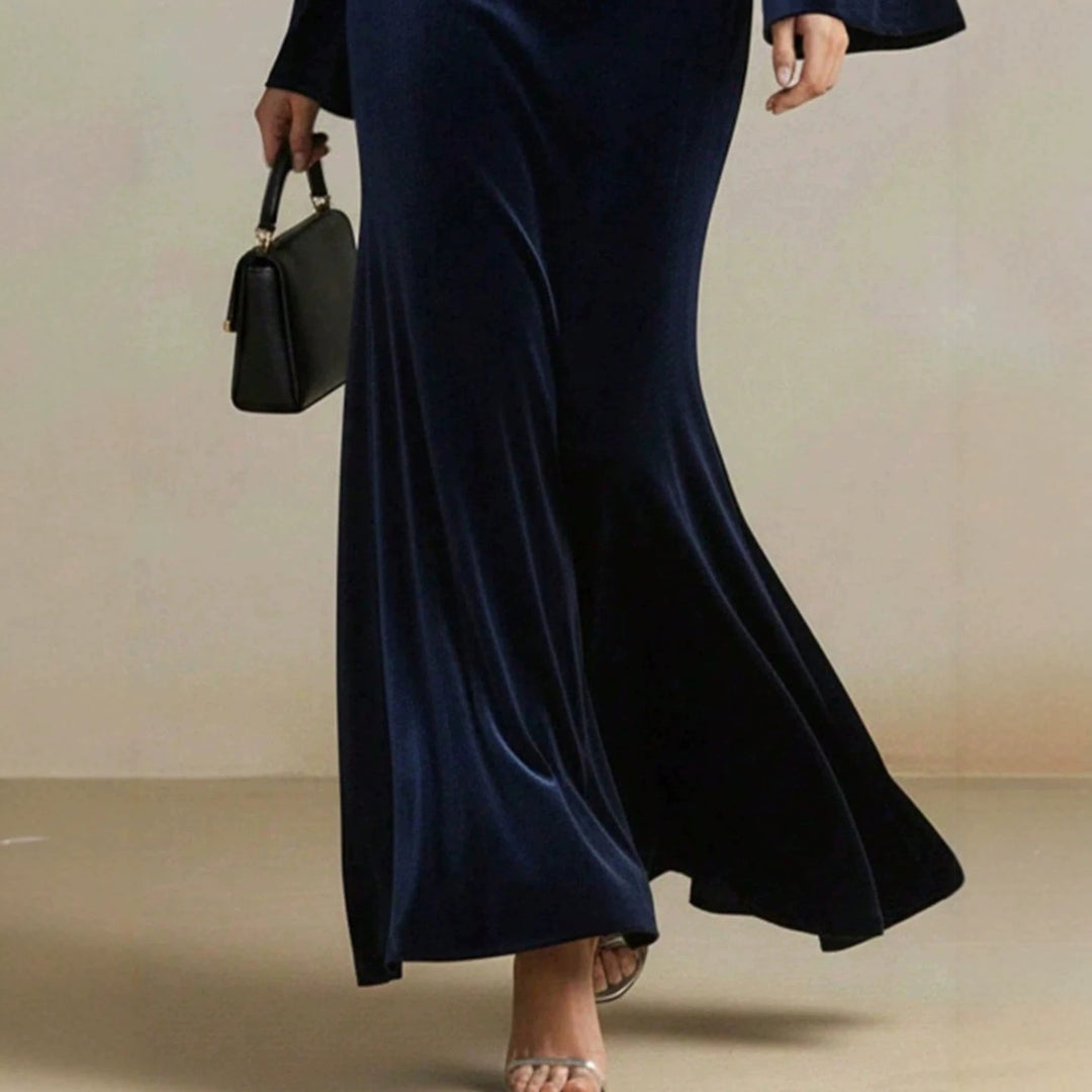 Women's Velvet Evening Dress with Waterfall Neckline, Fitted Silhouette and Flared Trumpet Sleeves Mune Fashion