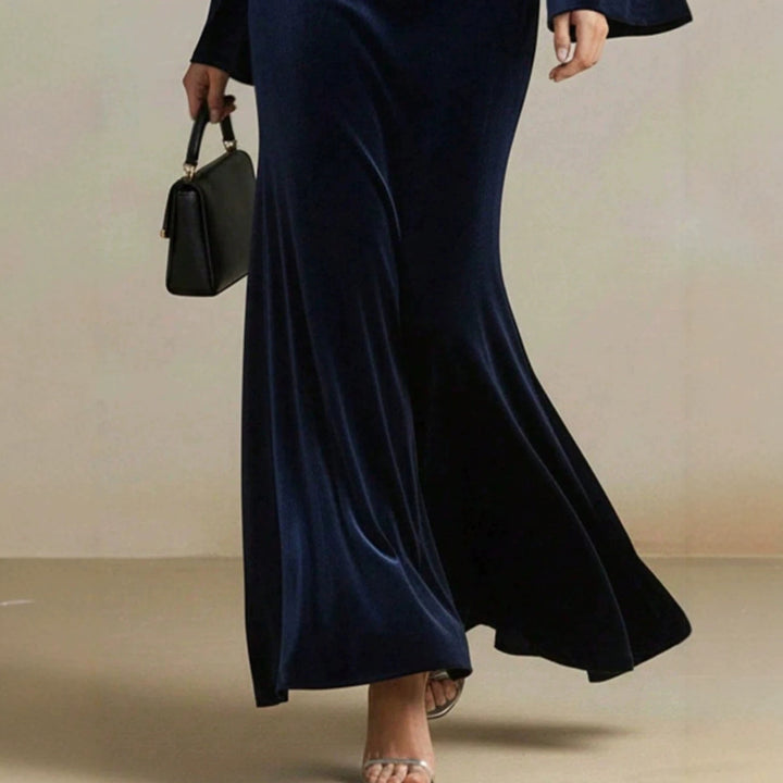 Women's Velvet Evening Dress with Waterfall Neckline, Fitted Silhouette and Flared Trumpet Sleeves Mune Fashion