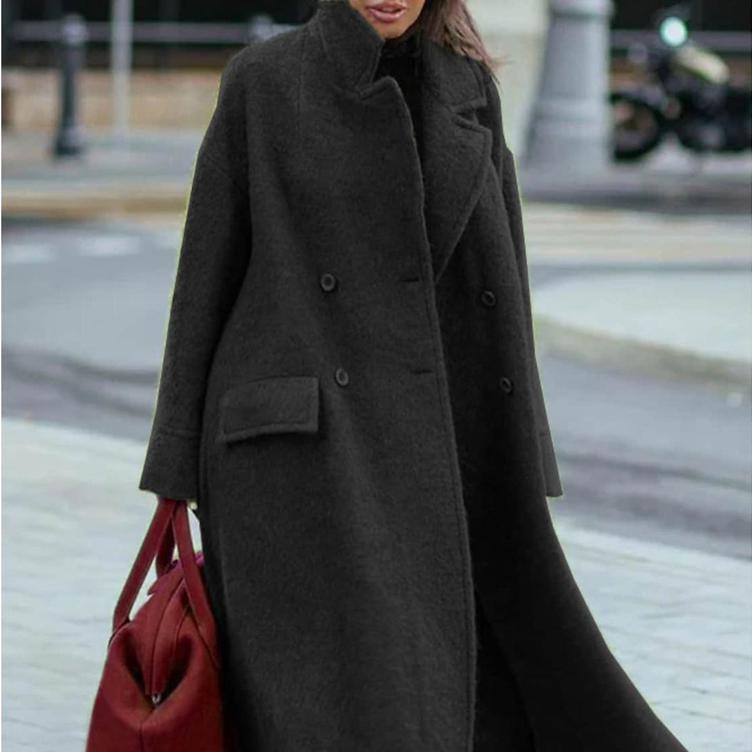 Ladies nan cape-like double-breasted wool coat with a wide fall, high stand-up collar, and flap pockets Mune Fashion