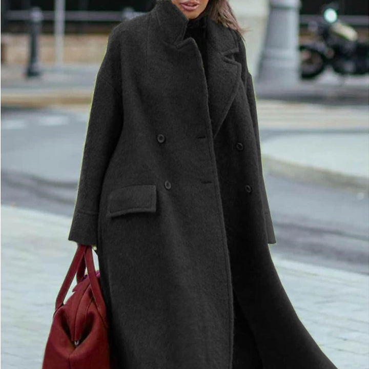 Ladies nan cape-like double-breasted wool coat with a wide fall, high stand-up collar, and flap pockets Mune Fashion