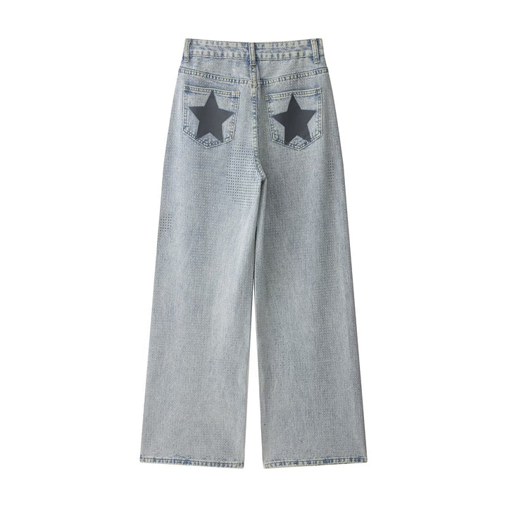 Ladies wide high-waisted jeans with wide leg and micro-perforated pattern Mune Fashion