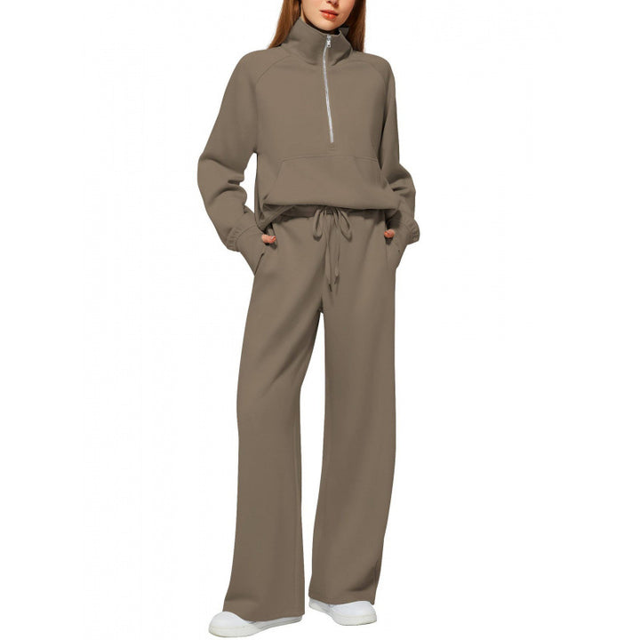 Women's Two-Piece Lounge Set with Half Zip, Stand Collar and Wide Palazzo Pants Mune Fashion
