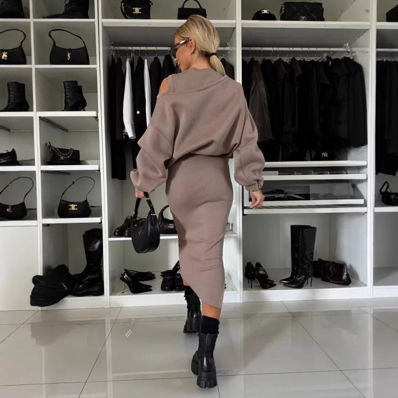 Women's Comfortable Sweatset with One-Shoulder Cutout and Tailored Midi Skirt Mune Fashion