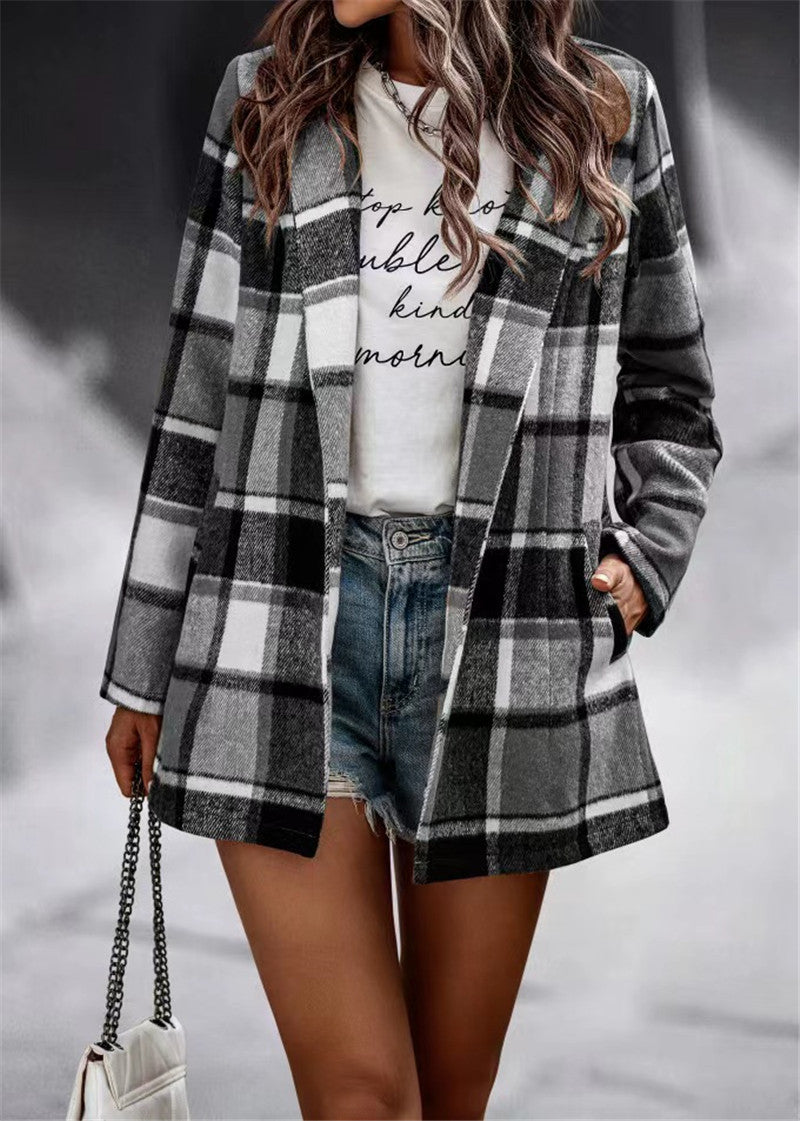 Women Checked Long Blazer Shacket Without Collar, Open Cut Mune Fashion