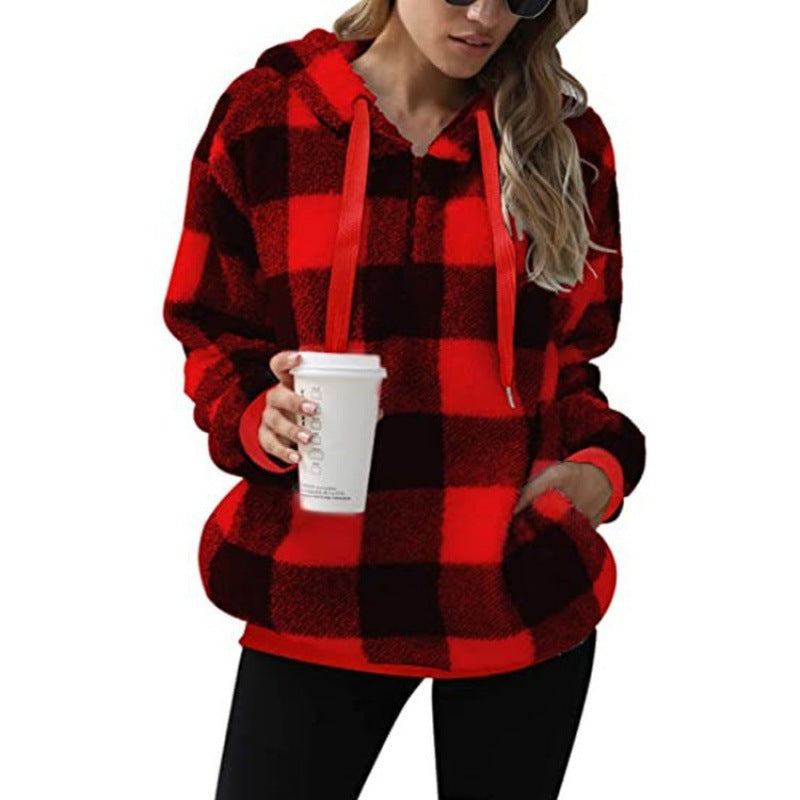 Women's Oversized Sherpa Hoodie in Check Pattern with Half Zipper and Kangaroo Pocket Mune Fashion