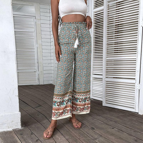 Women's Light Boho Pants with Wide Legs, Elastic Waistband, Tassel Cord, and Border Print Mune Fashion