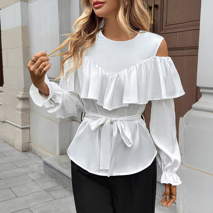 Women Elegant-Ruffle-Blouse with Cut-Out Shoulder and Tie Belt Mune Fashion