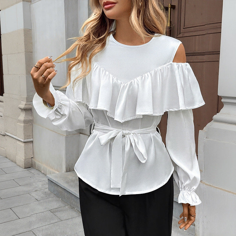 Women Elegant-Ruffle-Blouse with Cut-Out Shoulder and Tie Belt Mune Fashion