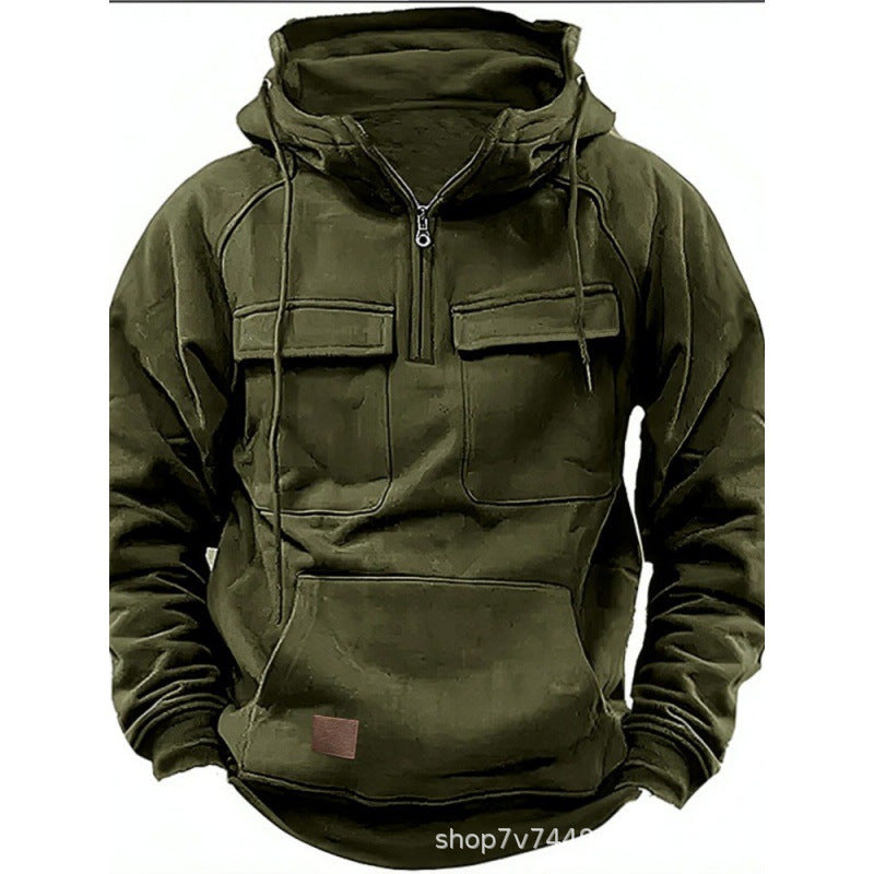 Men's functional hooded sweatshirt with half zipper, patch chest pockets, and kangaroo pocket Mune Fashion