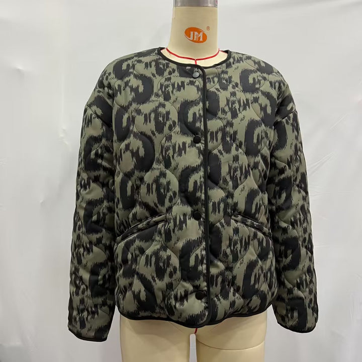 Ladies Nan Quilted Ikat Print Quilted Jacket with Round Neckline, Contrast Piping and Patch Pockets Mune Fashion