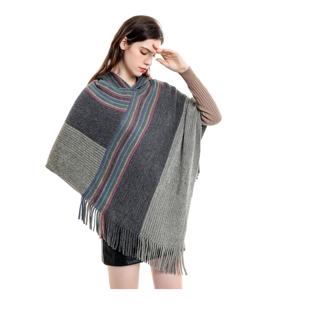 Women's Hooded Poncho in Chunky Knit with Fringe Hem Mune Fashion