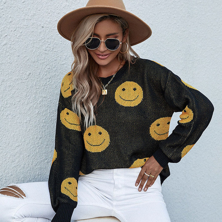 Women's casual knit sweater with smiley jacquard and round neck Mune Fashion