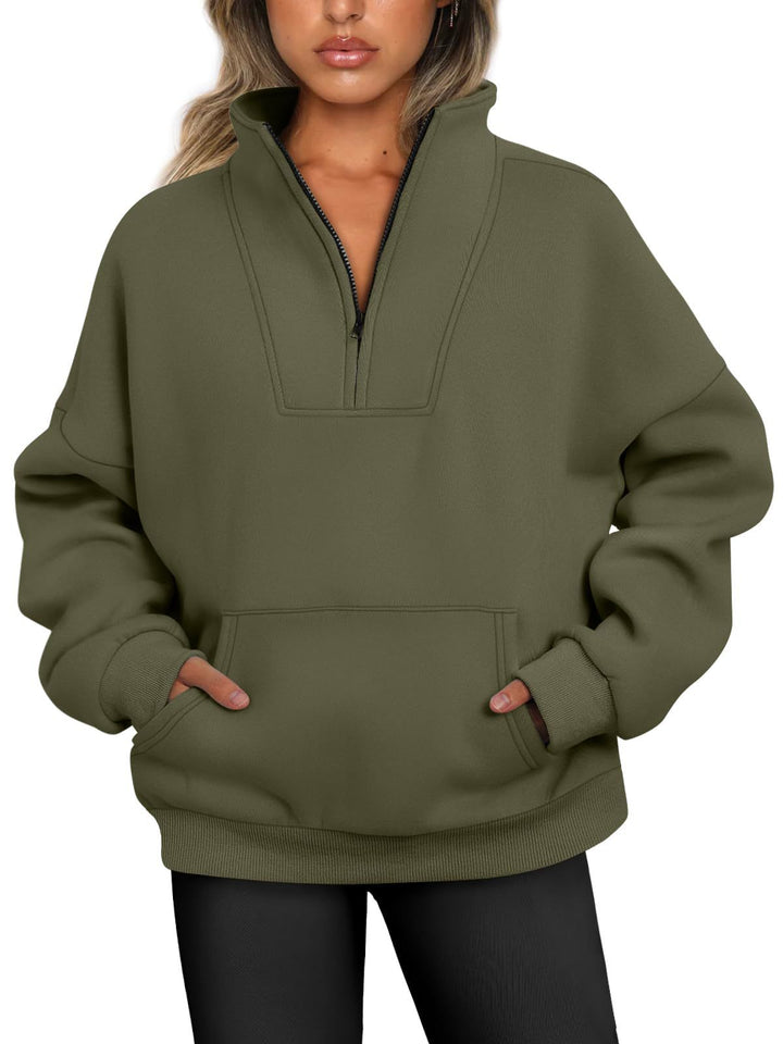 Women's oversized half-zip hoodie with high stand collar, kangaroo pocket, and ribbed cuffs Mune Fashion