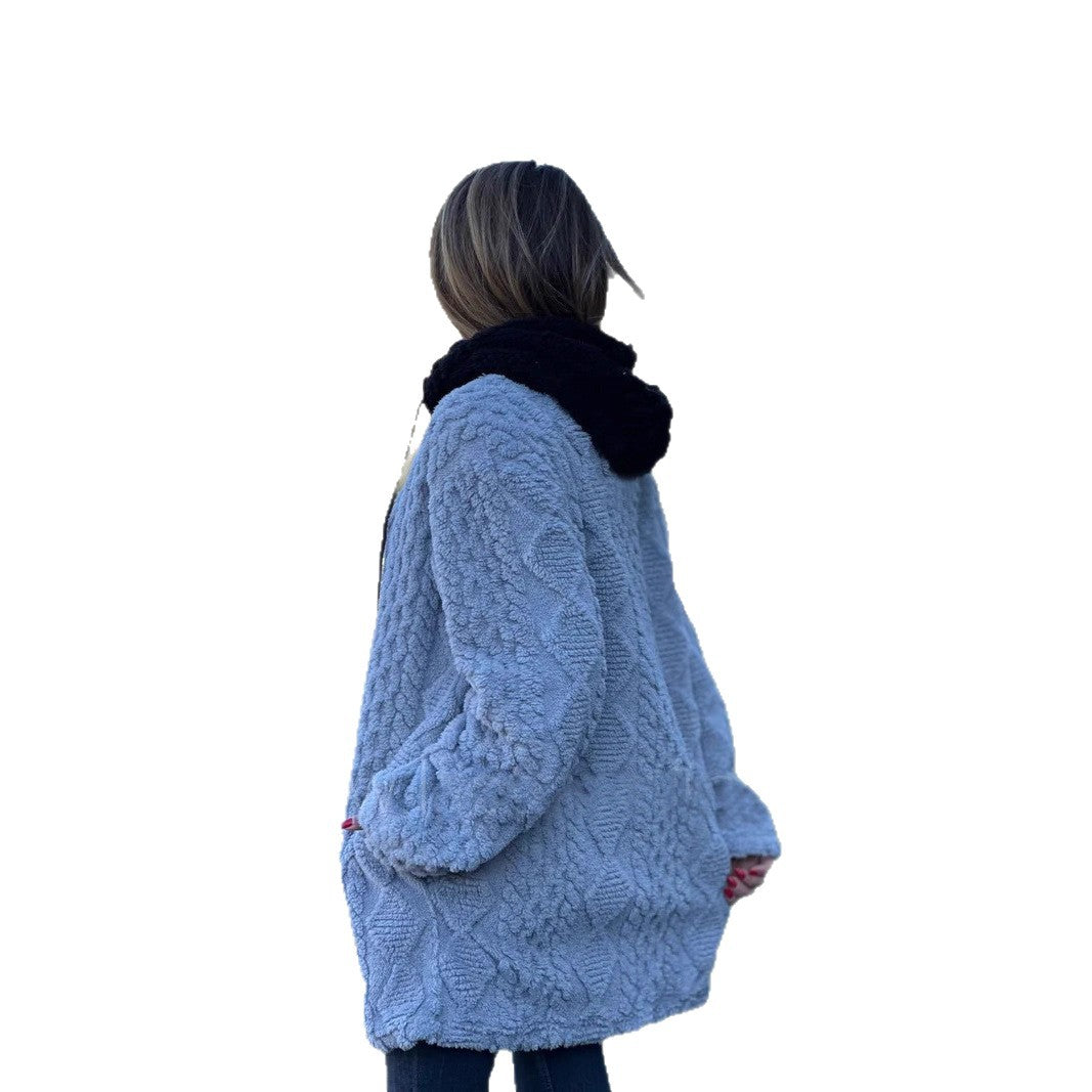 Women's oversized teddy coat jacket with contrasting hood, zipper, and side pockets Mune Fashion