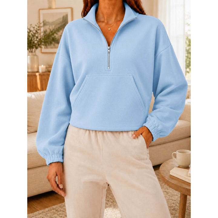 Women's Short Cut Sweatshirt Sweater with Half Zipper and Kangaroo Pocket Mune Fashion