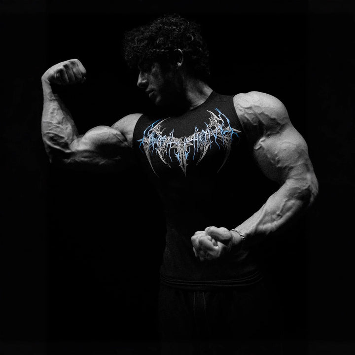 Men's form-fitting training tank top with deep armholes and intricate back print Mune Fashion